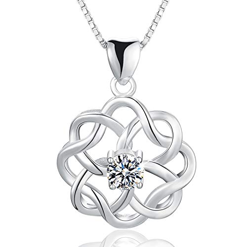 Esberry 18K Gold Plated 925 Sterling Silver CZ Simulated Diamond Vintage Celtic Knot Pendant Necklace Cubic Zirconia Pendant with Necklaces for Girls and Women (White Gold-1)
