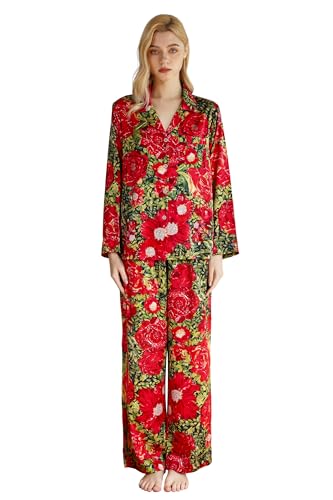 Image of YiNi LuLu Womens Silk Satin Pajamas Set Button Down 2 Piece Pjs Long Sleeve Oversized Sleepwear with Pockets