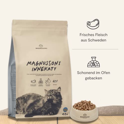 MAGNUSSONs Innekatt (1 x 4,8kg) | Katzentrockenfutter für Erwachsene Hauskatzen mit geringem Energiebedarf | 65% Fleischanteil | Ofengebacken
