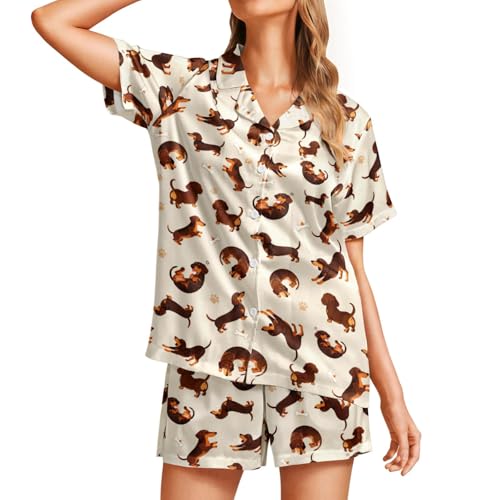 Image of Funny Pajamas for Women Set Print Satin Loungewear Pjs Short Sleeve Button Down Top and Shorts Sets Sleepwear XS-3XL