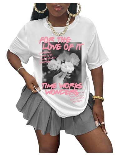 SOLY HUX Womens Graphic Tees Letter Print Short Sleeve Drop Shoulder Casual T Shirt Tops White Letter Small