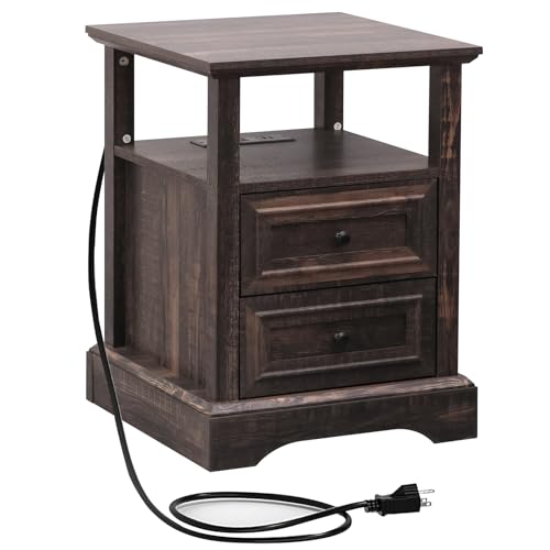 Image of ALBAD Farmhouse Nightstands with Charging Station,Walnut Brown Tabletop | End Tables with 2 Drawers, Open Shelf, USB Ports, Metal Knobs, for Rustic Bedroom Bedside, Living Room, Dorm