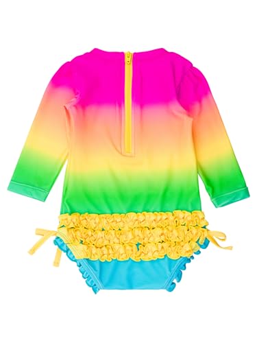 Image of RuffleButts Baby Girls UPF 50+ Sun Protection Floral Printed Long Sleeve One Piece Rash Guard Swimsuit with Zipper