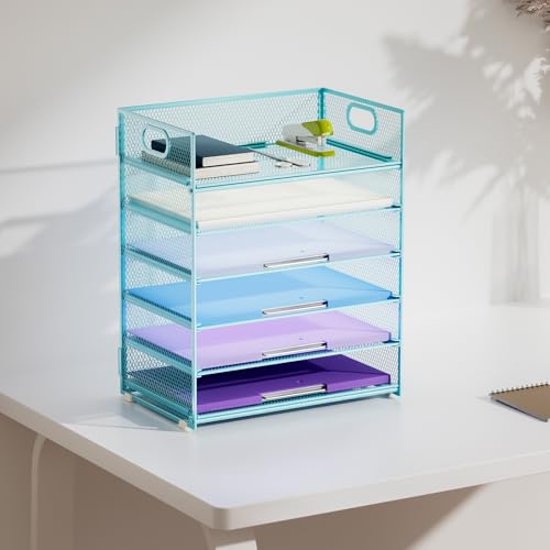 Image of Marbrasse 2 Pack Desk Organizer with Handle, 6 Tier Paper Letter Tray, Mesh Desk File Organizer for Office, School and Home - Blue