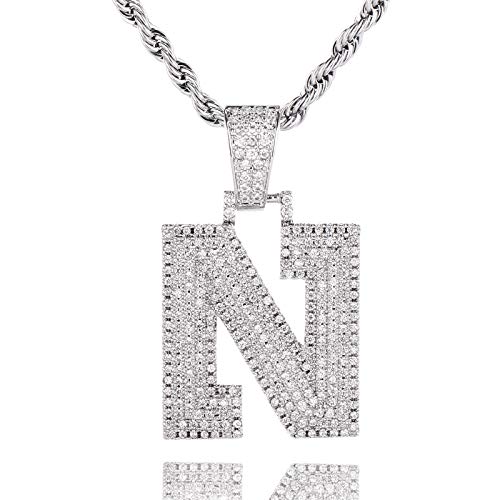 Asluco Initial Letter Pendant Necklace,14K Gold/White Gold Plated Iced Out Cubic Zirconia N Alphabet Pendant Long Chain Necklace Custom Name Jewelry for Men Women Teen Girls
