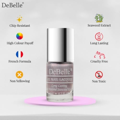 Image of DeBelle Gel Nail Lacquer Awesome Andrea(Metallic light purple nail polish)| Non UV - Gel Finish |Chip Resistant | Seaweed Enriched Formula| Long Lasting|Cruelty and Toxic Free| 6ml