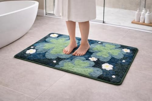 Image of Home Decor Multicolor Anti Skid Bath Mat for Bathroom, Anti Slip Bath mat, Non Slip Bath mat Door mat for Bathroom, Living Room Kitchen Bedroom (Blue & Green Flower Design)