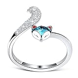 PLATO H S925 Sterling Silver Fox Animal Ring Crystals for Women Teen Girl High Polish Plain Adjustable Fox Tail Funky Ring Anniversary Jewelry Mothers Day Gifts for her