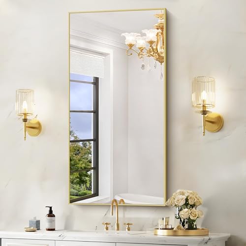 Image of COFENY 48x24In Gold Bathroom Mirror for Wall, Brushed Gold Rectangle Mirrors with Metal Frame, Bathroom Rectangular Mirror Modern Wall Mirror for Bedroom Living Room, Hangs Horizontal or Vertical