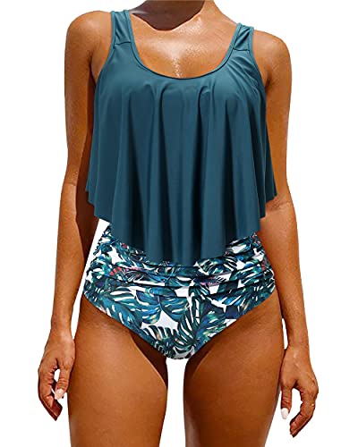 Model wearing OMKAGI Women's Ruffle Bikini Swimsuit High Waisted Bottom Plus Size.