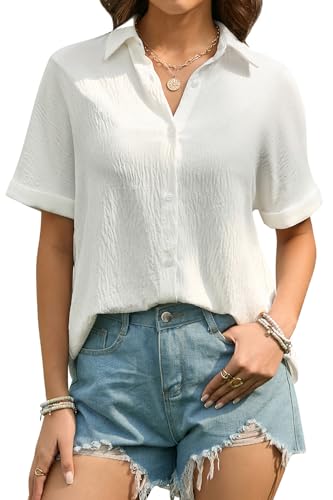 Stamain Weiße Bluse Damen Sommer Kurzarm Musselin Hemd Lässig Hemdbluse...