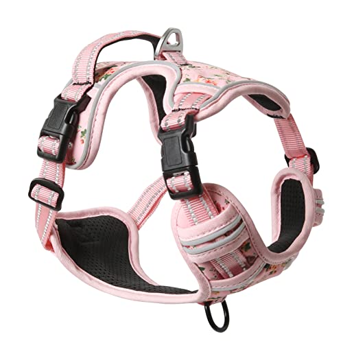 HEELE Hundegeschirr, Zugfestigkeit, reflektierend, mit gepolstertem Griff für mittelgroße Hunde, 1 Schnalle am rechten Halsband, leicht an- und auszuziehen, Blumenmuster, Rosa, M
