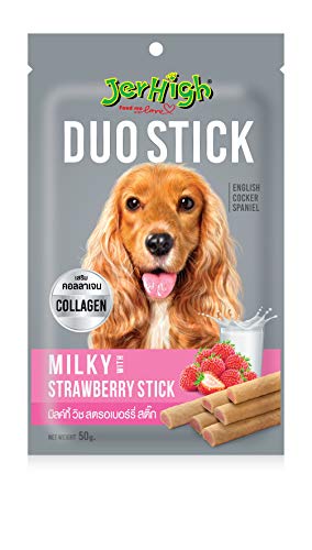 Jerhigh DogsNCats DuoStick Dog Treats, Human Grade High Protein Chicken, Fully Digestible Healthy Snack & Training Treat, Free from by-Products & Gluten, Milky with Strawberry 50gm (2 X 50g) Sold By DogsNCats