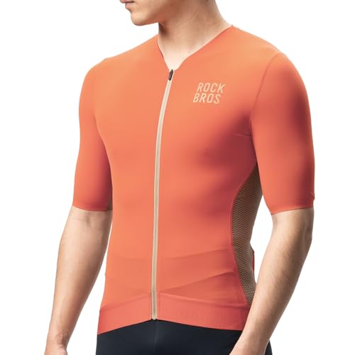 ROCKBROS Maillot Ciclismo Verano Hombre, Camiseta Manga Corta con Bolsillos Ultraligero Transpirable y Secado Rápido para Carretera MTB, Naranja L