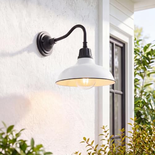 Image of JONATHAN Y 12.25 inch White /Black Farmhouse Industrial Outdoor Sconce, LED Gooseneck Wall Light for Porch, Metal Bowl Shade, Dimmable Vintage Exterior Fixture, LED Bulb Included JYL7613A
