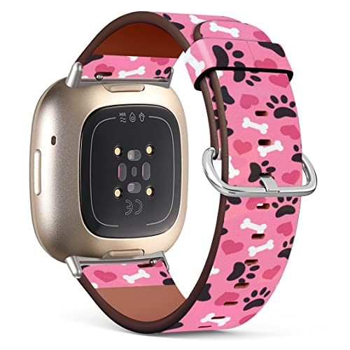 Mingdao Compatible with Fitbit Sense 2 / Sense / Versa 4 / Versa 3 Patterned Leather Replacement Band (Paws And Bones On Pink Background)