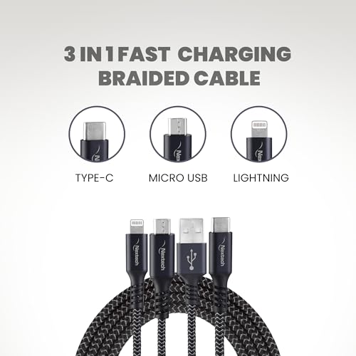 Image of Nextech 3 In 1 USB Fast Charging Cable | Type C, Lightning, Micro USB Connectors | Fast Charging & Data Sync | Compatible With iPhone, iPad, Android & Type-C Phones | Durable & Tangle-Free, 1M