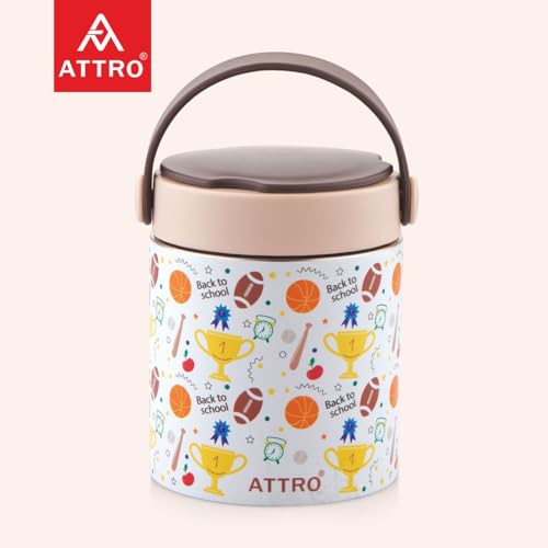 Image of ATTRO Happy Go Vacuum Insulated ISI Certified Stainless Steel Soup Jar 500ml, Leakproof & BPA Free for Kids & Adults, Long Temperature Retention,Ideal for School, Office & Travel - Sports Trophy Brown