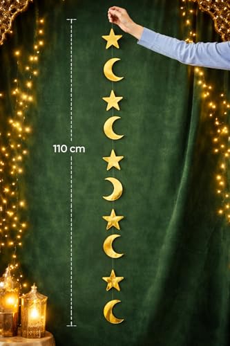 Image of Moon Star Golden Paper Frills Pack of 4 | Ramadan Eid Umrah Mubarak Hanging Decoration | 110 cm Long Festive Wall & Ceiling Decor Garland