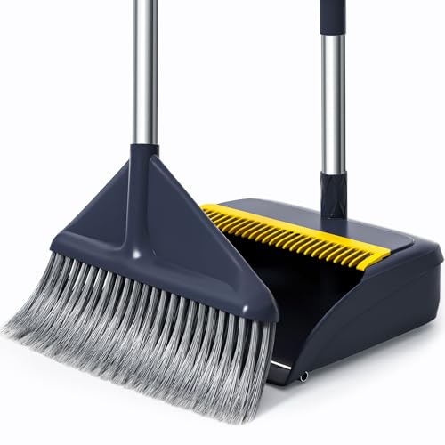 Besen und Kehrblech Set mit langem Stiel höhenverstellbar 4-lagige Borsten mit gesplitteten Spitzen metallverstärkte Kehrblechkante Kammzähne gegen Haare Kein Spalt. Kein Restschmutz