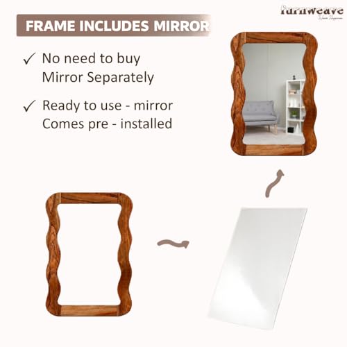 Image of FURNWEAVE Jevar Antique Wall Mirror - Premium Solid Wood Frame | Modern Wall Mounted Decorative Mirror for Living Room | Handcrafted Wall Hanging Mirror for Bathroom Wall & Room Corner | Natural