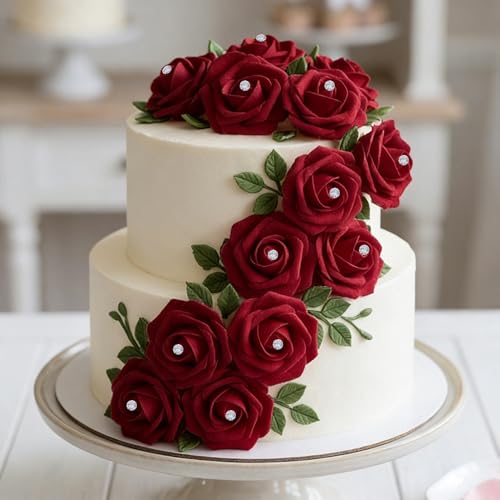 Image of 100Pcs Real Looking Burgundy with Diamonds Artificial Rose Flower Heads, Foam Fake Roses for DIY Wedding Decorations Baby Shower Centerpieces Home Party Valentine's Day Mother's Day Decor