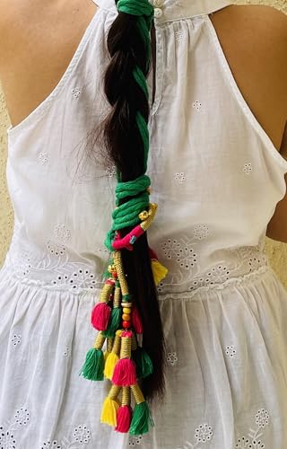 Image of Zippy Flora Handmade Boho Kalee Parandi (Green) | Traditional Paranda Hair Accessory with Decorative Braid Tassels | Ethnic Hair Extension for Choti, Long Braids & Festive Hairstyles