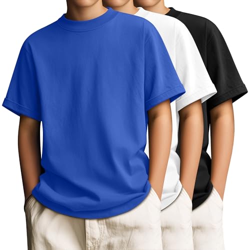 LessonZoo 3 Pack Boys' Crew Neck Plain T-Shirts, 3-Color, 14-16y