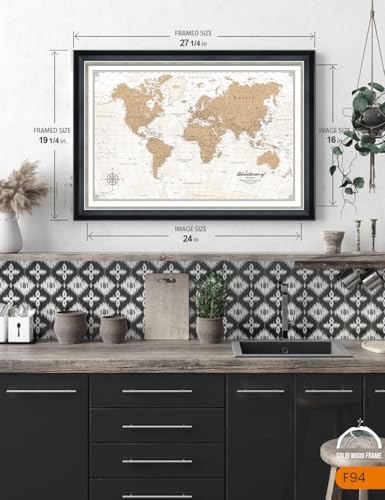Image of IPIC - Custom Vintage World Map Canvas Wall Art, Personalized Artwork With Names and Message, Framed Travel Decor for Home, Office, or Study, Push-in Map for Travel Lovers