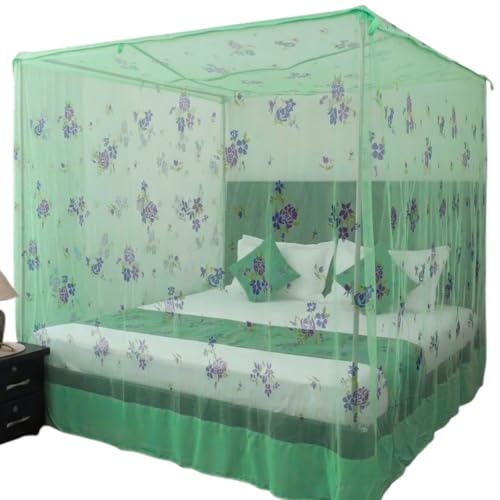 Image of Mosquito Net for King Size Bed - Foldable Square Mosquito Net Double Bed | Mosquito Net for Queen Size Bed | Floral Printed with Base Cloth Mosquitoes Net Sukun Wali Neend (6.5 x 6.5ft, Green)