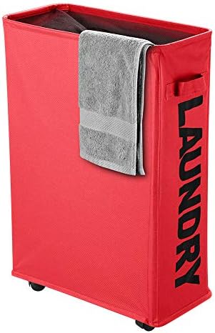 Slim Rolling Laundry Basket with wheel, IHOMAGIC Rectangle Storage Hamper - Thin Laundry Basket Corner Fittable Laundry Bin Flexible handle Laundry Sorter For Dormitory, Hotel, 39x18.5x58cm 41L,RED