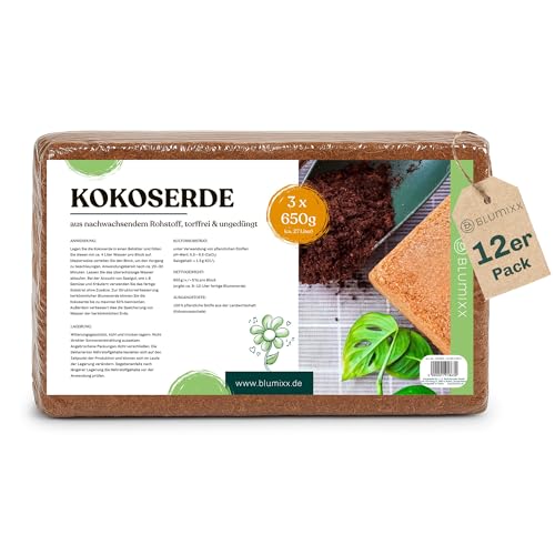 Kokoserde für Pflanzen 12 x 650g - Humuserde Kokosziegel, Anzuchterde torffrei, Kokosfaser Substrat für Hochbeete, Zimmerpflanzen & Terrarien - 100% natürlich & abbaubar - 108L Kokoserde