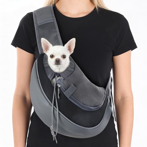 Pomodee Bolso Bandolera para Perros Pequeños,Cachorros y Gatos, Bolsa de Transporte para Mascotas hasta 2.5kg,Transportín Ajustable de Hombro con Malla Transpirable,Portador para Viajes Paseos (Gris)