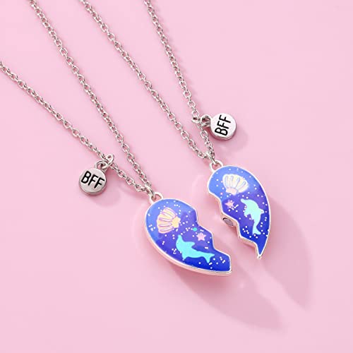 Cute Dolphin Shell BFF Friendship Necklace for Women Glitter Purple Funny Cartoon Animal Half Matching Heart Pendant Necklaces Set for 2 Birthday Christmas Graduation Jewelry Best Friend Bestie Sister Daughter Gifts3
