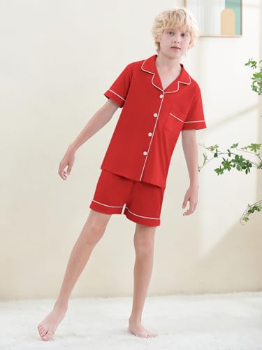 Umeyda Boys Pajamas, 100% Cotton Kids Soft Short Sleeve Sleepwear Button Down Casual 3 Pcs Pjs Set for Ages 4-122