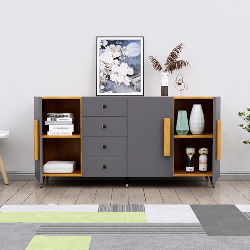 Image of Multipurpose Storage Cabinet for Living Room, Kitchen, Office, Sideboard Cabinet with 4 Drawer and 3 Door Storage (Giant Wood & Slate Grey)