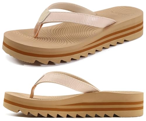 KuaiLu Chanclas Mujer Moda Plataforma Ligero Yoga Mat Flip Flops Dressy Verano Playa Tanga Sandalias Suave Cómodas Cushión, Beige EU 38