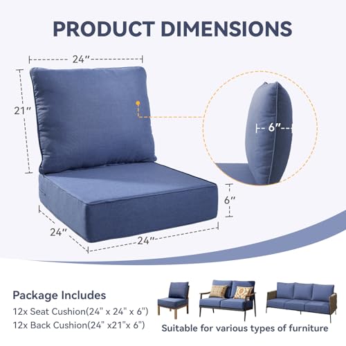 Image of Outdoor Cushion Set for Patio Furniture, UV Resistant, Water Resistant - 6 Inch Thick Foam Garden Cushions- 24x24 Inch Patio Seat Covers for Chair /Sofa /Couch | Blue | 12-Pack |