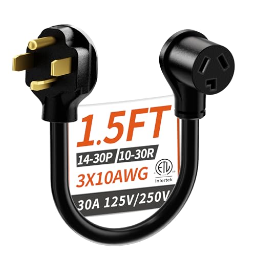 PlugSaf 1.5FT 30AMP 125V/250V 3 Prong to 4 Prong Dryer Adapter NEMA 14-30P Male to 10-30R Female Dryer Plug Adapter 3 to 4 Prong Outlet STW 10 Gauge ETL Listed