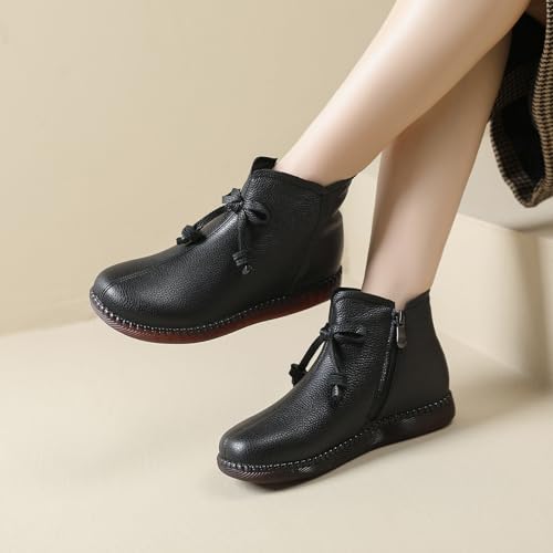 Women's Genuine Leather Bow-Knot Flat Ankle Boots Retro Velvet Lining Round Toe Side Zipper Beef Tendon Sole High Top Casual Shoes Comfortable Warm Walking Booties4