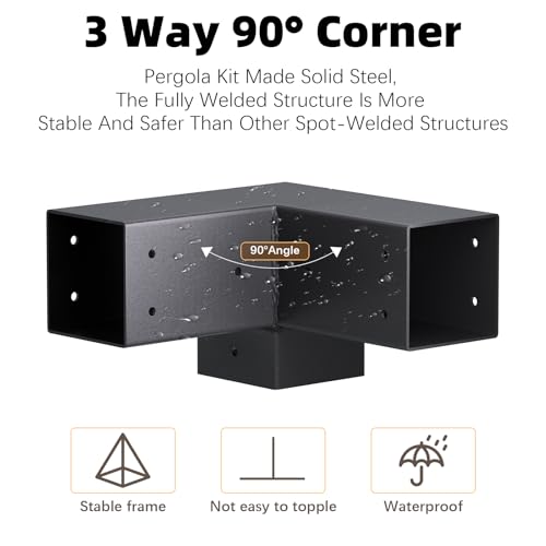 Image of Pergola Brackets, 3-Way Pergola Kit for 4 inchx 4 inch (Actual 3.5 inch X 3.5 inch) | Heavy Duty, Durable & Weather-Resistant Construction, Right Angle Corner Bracket with Black Powder Coated (4Pcs 3-Way)