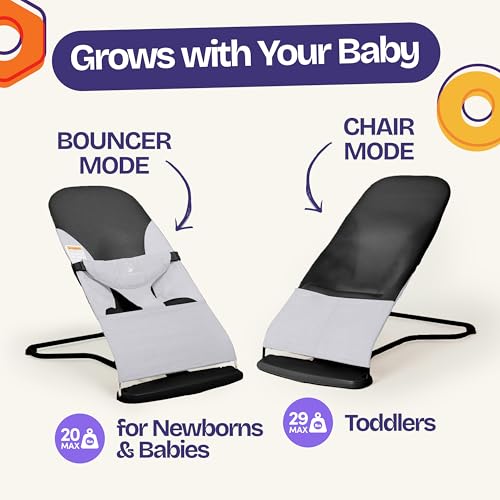 ComfyBumpy Ergonomic Baby Bouncer Seat - Bonus Travel Carry Case - Safe, Portable Bouncing Chair with Adjustable Height Positions - Infant Bouncy Seat Perfect for Newborn Babies (Grey)