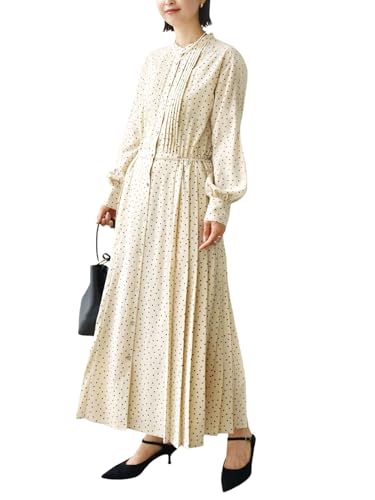 [シップス レディース] SHIPS for women ワンピース WEB限定 手洗い可能 ドット/花柄 バンドカラー サイド プリーツ ワンピース レディース 314514409 ストーン Sのサムネイル