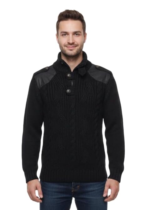 Men's Black Knit Sweater with Shoulder Patches, Button Neck, Ribbed Collar, Long Sleeve | Size: L-picture-18