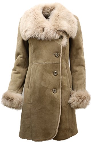Damen Warm Beige Wildleder Merino Schaffell Mantel mit Toscana Kragen M