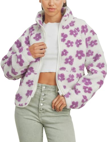 chouyatou Women's Fall Winter Casual Cute Floral Fleece Jacket Fuzzy Zip Up Sherpa Jacket Faux Fur Coat