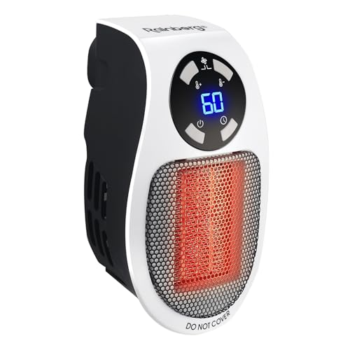Rainberg 500W Ceramic Plug Heater, Remote Wall Outlet Space Heater, Adjustable thermostat, 12 Hour Timer and LED Display, 2 Fan Speeds, 15-32C Temperature Control, Auto Shut Off