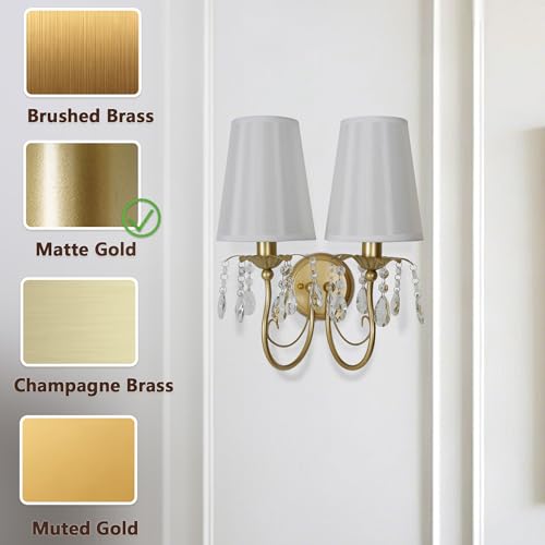 Image of 2-Light Vintage Crystal Wall Sconce, Antique Wall Lights with White Fabric Lampshade for Bedroom Bedside Living Room, Matte Gold Finish