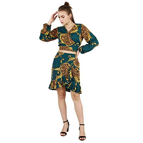 Image of POPWINGS Casual Dark Green Golden Animal Print Crop Top and Skirt Set for Women |Stylish Western Co-Ords Set | Summer Wear Co-ords for Women | V-Neck Crop Top Flare Knee-Length Skirt Set