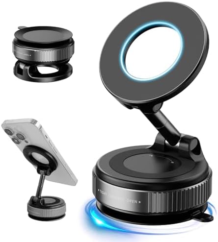 2026 Upgraded Vacuum Magnetic Car Phone Holder 360° Suction Cup Phone Mount for Magsafe Cell Phone Holders, Hands-Free Adjustable Foldable for iPhone 16 Pro Max & All Smartphones Car Gym Mirror